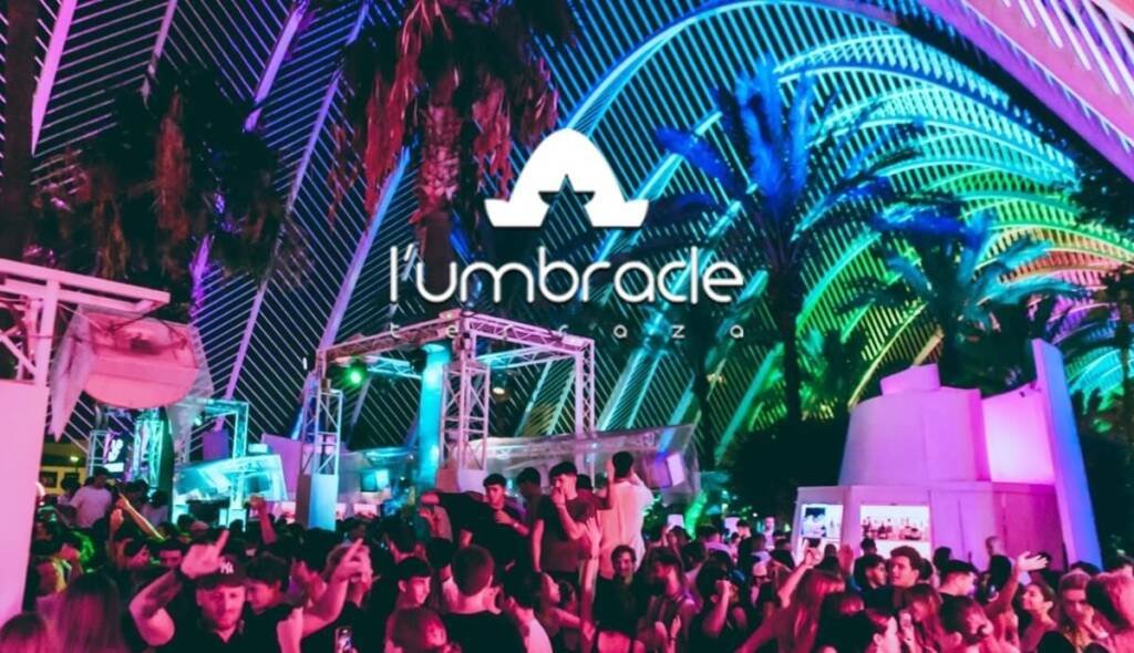 L’Umbracle Valencia club flyer with the L’Umbracle logo and terrace nightlife atmosphere.