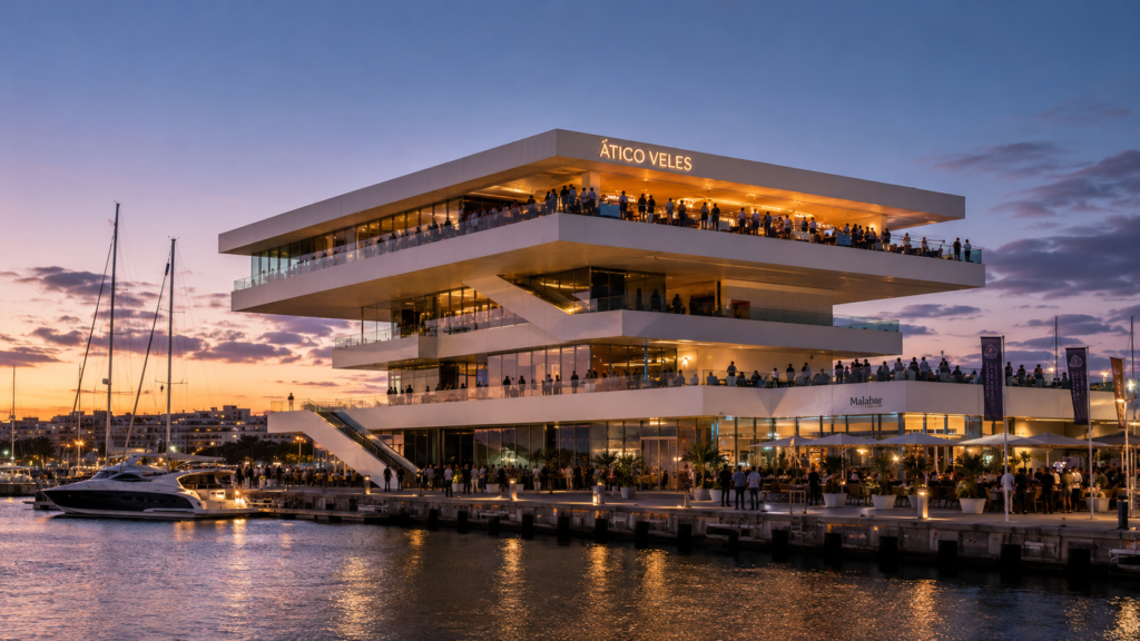 Edificio Veles e Vents en la Marina de Valencia al atardecer, con Ático Veles en la última planta y Malabar en la terraza inferior junto al mar.
