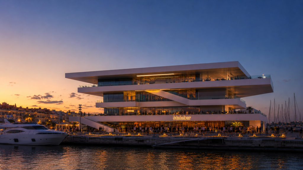 Malabar en el edificio Veles e Vents de Valencia al atardecer, con terraza iluminada, yates, ambiente elegante y vistas a la Marina de Valencia.