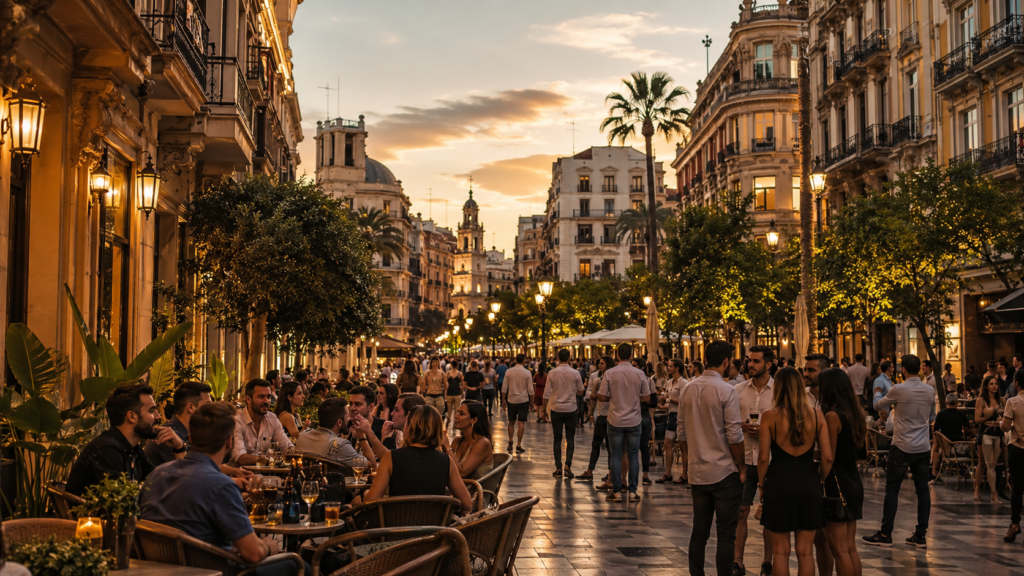 Terrazas y bares de copas en el centro de Valencia al atardecer, con ambiente animado, gente tomando algo y luces cálidas en una zona peatonal.